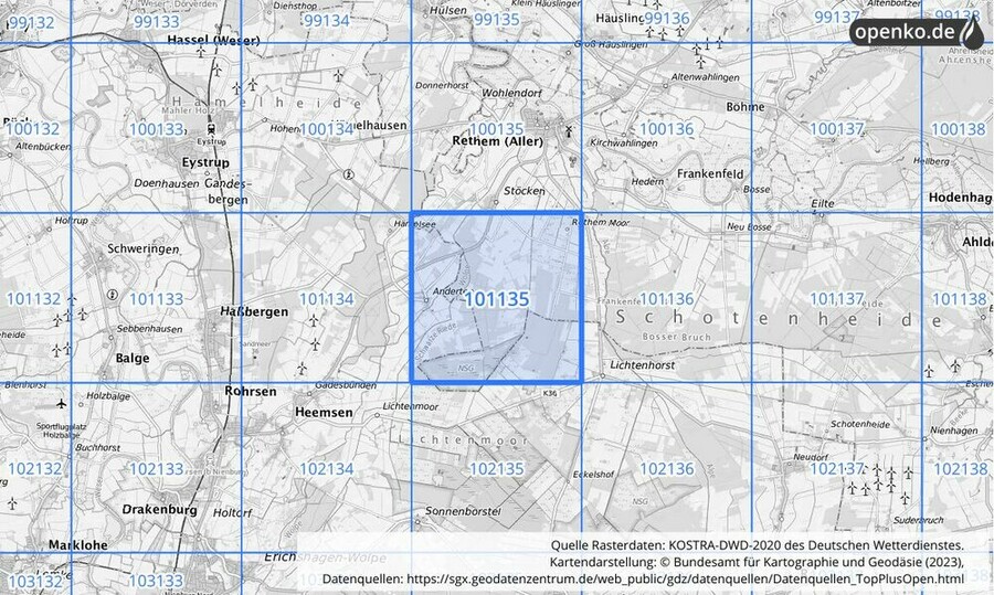 Übersichtskarte des KOSTRA-DWD-2020-Rasterfeldes Nr. 101135