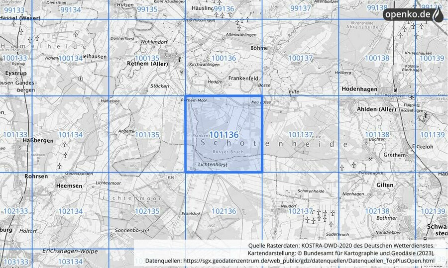 Übersichtskarte des KOSTRA-DWD-2020-Rasterfeldes Nr. 101136