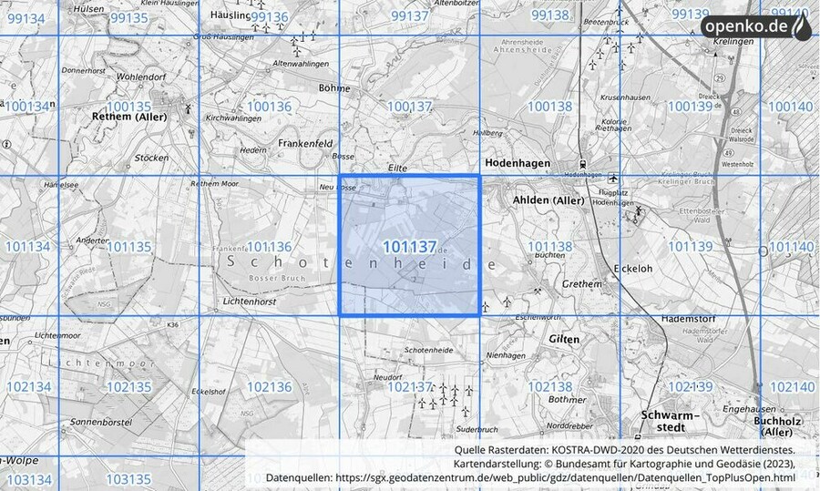 Übersichtskarte des KOSTRA-DWD-2020-Rasterfeldes Nr. 101137