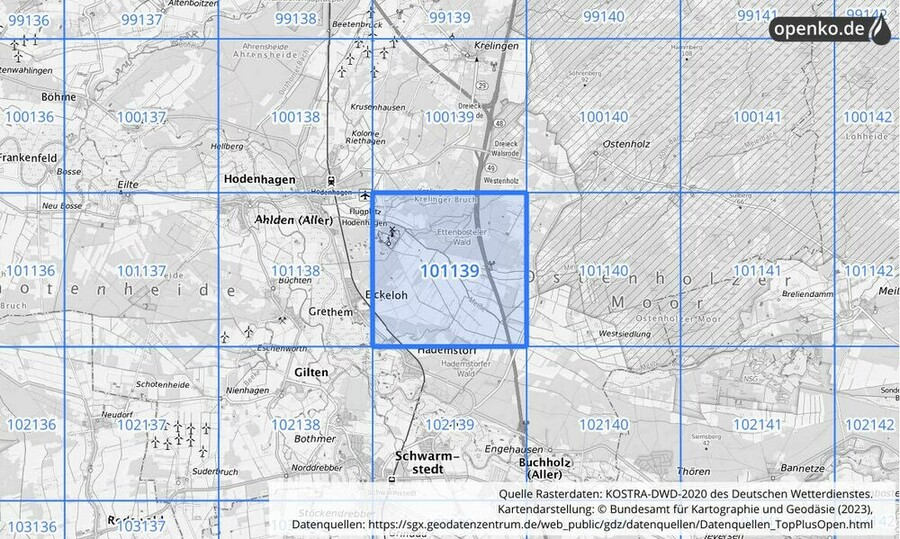 Übersichtskarte des KOSTRA-DWD-2020-Rasterfeldes Nr. 101139