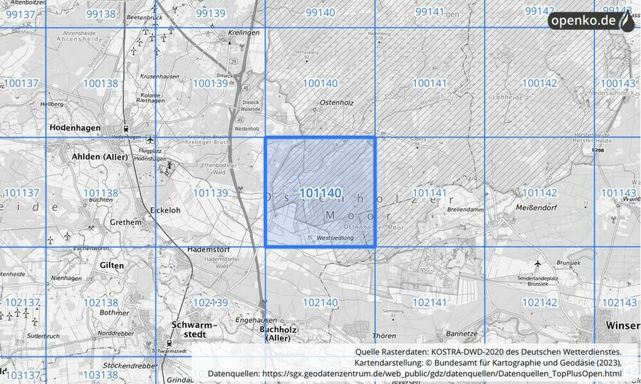 Übersichtskarte des KOSTRA-DWD-2020-Rasterfeldes Nr. 101140
