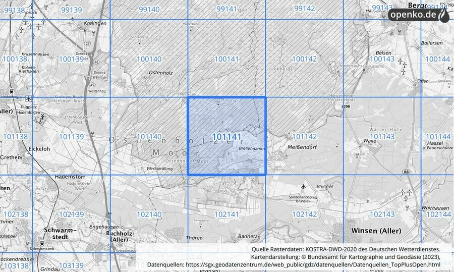 Übersichtskarte des KOSTRA-DWD-2020-Rasterfeldes Nr. 101141