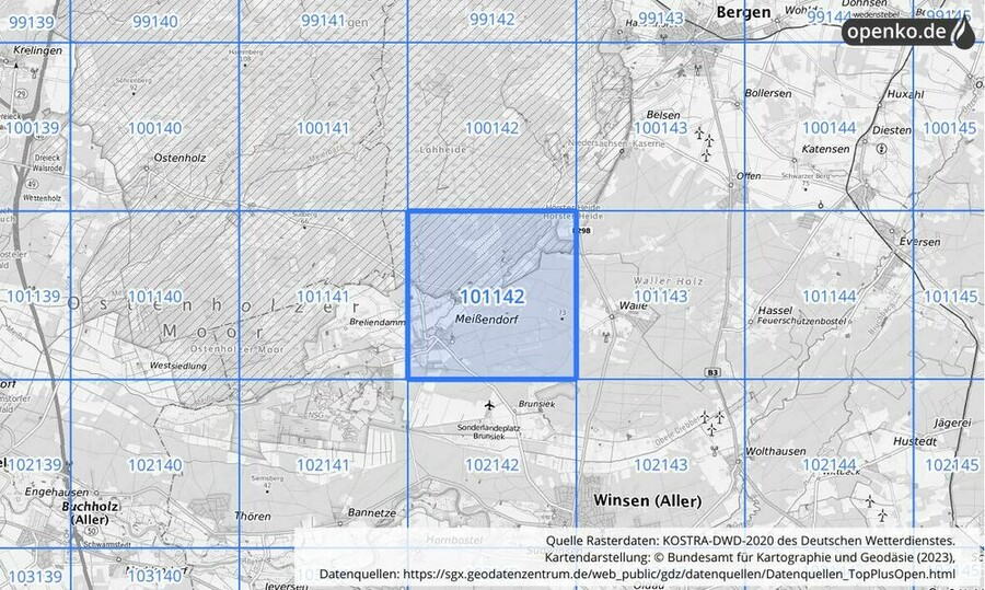 Übersichtskarte des KOSTRA-DWD-2020-Rasterfeldes Nr. 101142