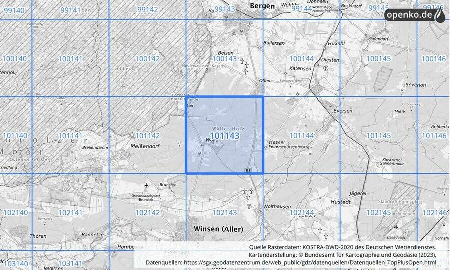 Übersichtskarte des KOSTRA-DWD-2020-Rasterfeldes Nr. 101143