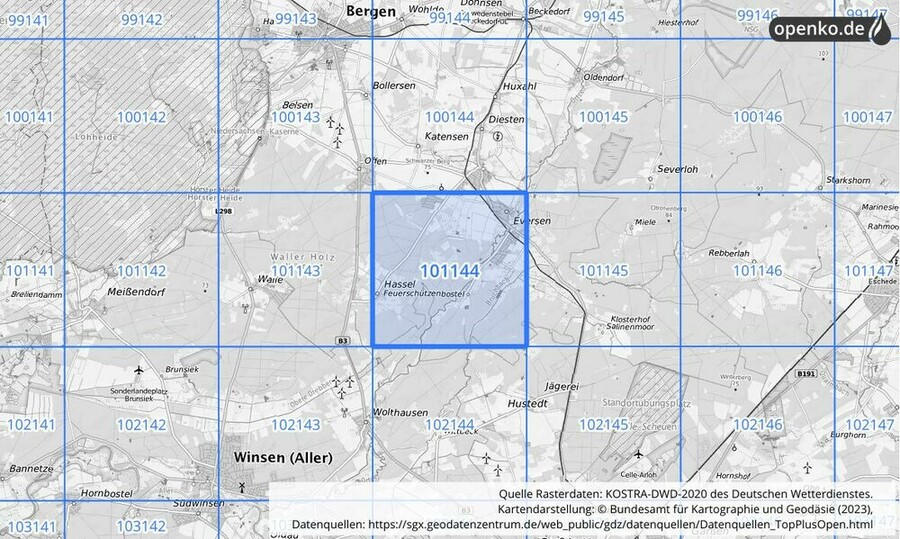 Übersichtskarte des KOSTRA-DWD-2020-Rasterfeldes Nr. 101144