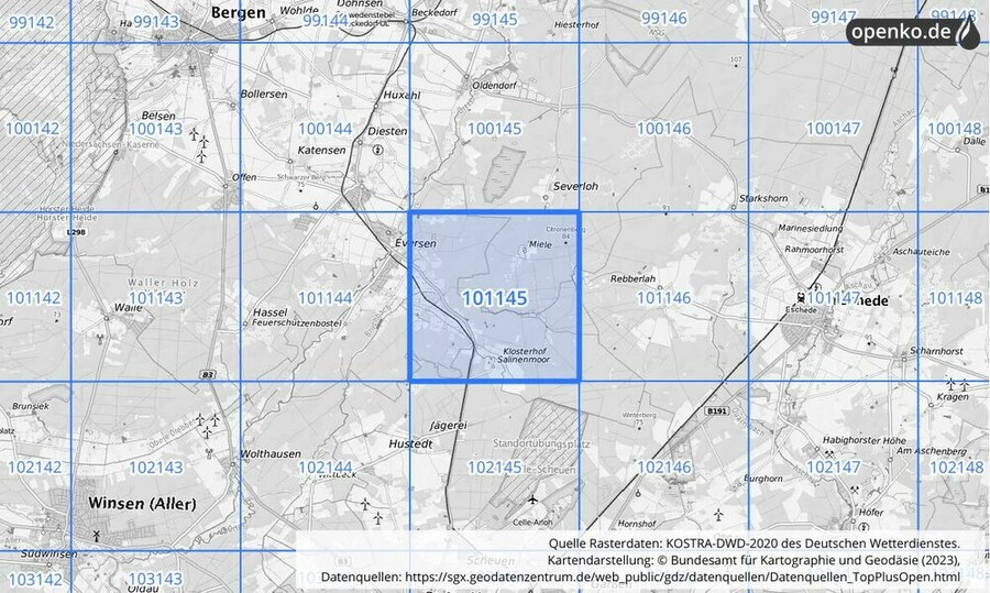 Übersichtskarte des KOSTRA-DWD-2020-Rasterfeldes Nr. 101145