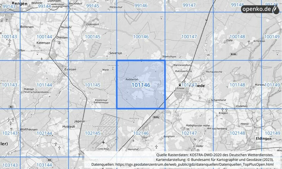 Übersichtskarte des KOSTRA-DWD-2020-Rasterfeldes Nr. 101146