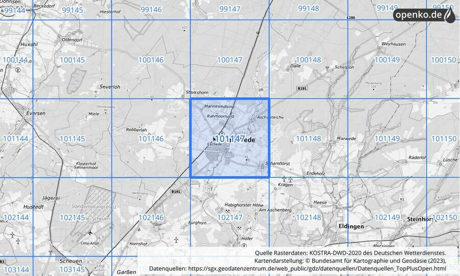 Übersichtskarte des KOSTRA-DWD-2020-Rasterfeldes Nr. 101147