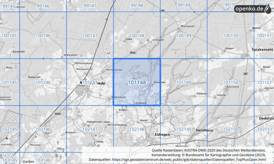 Übersichtskarte des KOSTRA-DWD-2020-Rasterfeldes Nr. 101148