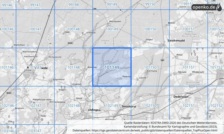 Übersichtskarte des KOSTRA-DWD-2020-Rasterfeldes Nr. 101149