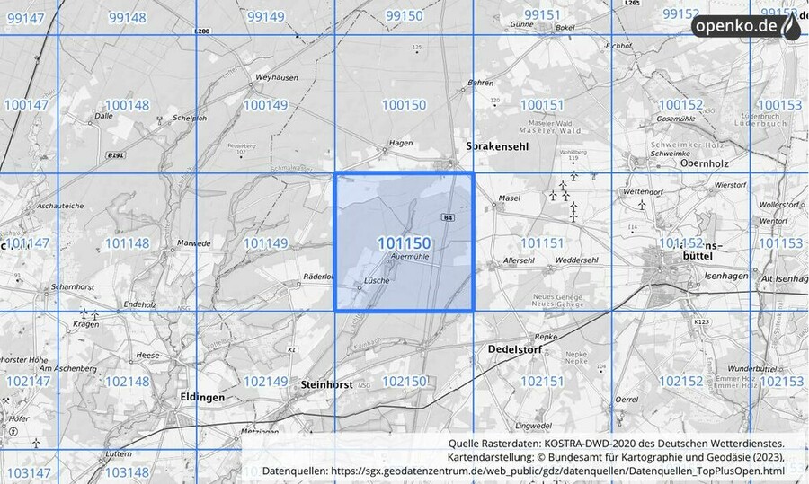 Übersichtskarte des KOSTRA-DWD-2020-Rasterfeldes Nr. 101150