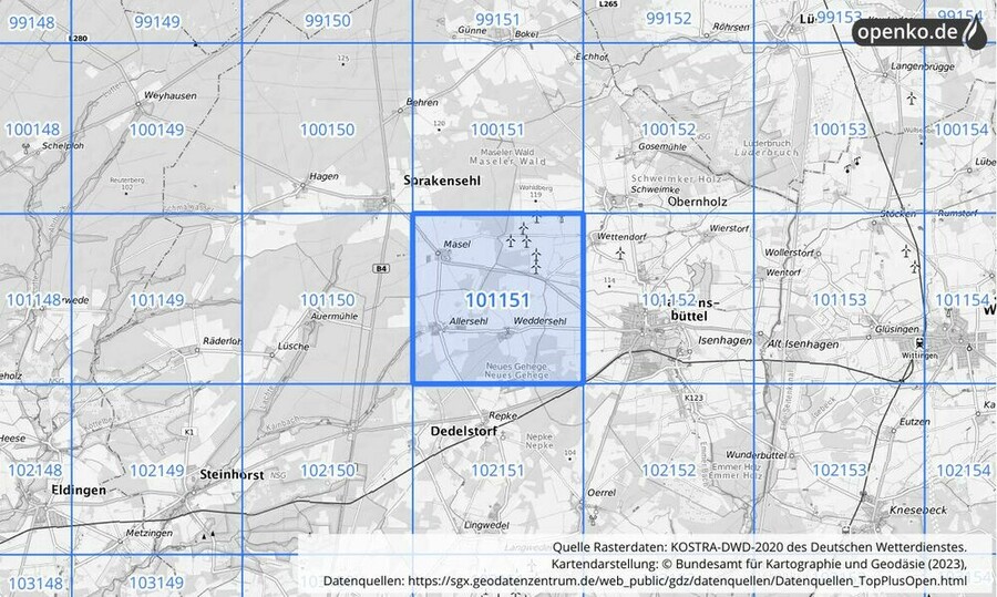 Übersichtskarte des KOSTRA-DWD-2020-Rasterfeldes Nr. 101151