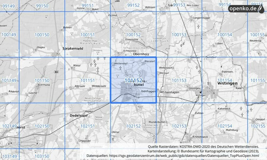 Übersichtskarte des KOSTRA-DWD-2020-Rasterfeldes Nr. 101152