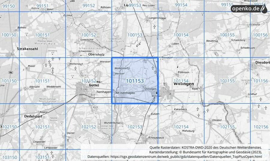 Übersichtskarte des KOSTRA-DWD-2020-Rasterfeldes Nr. 101153