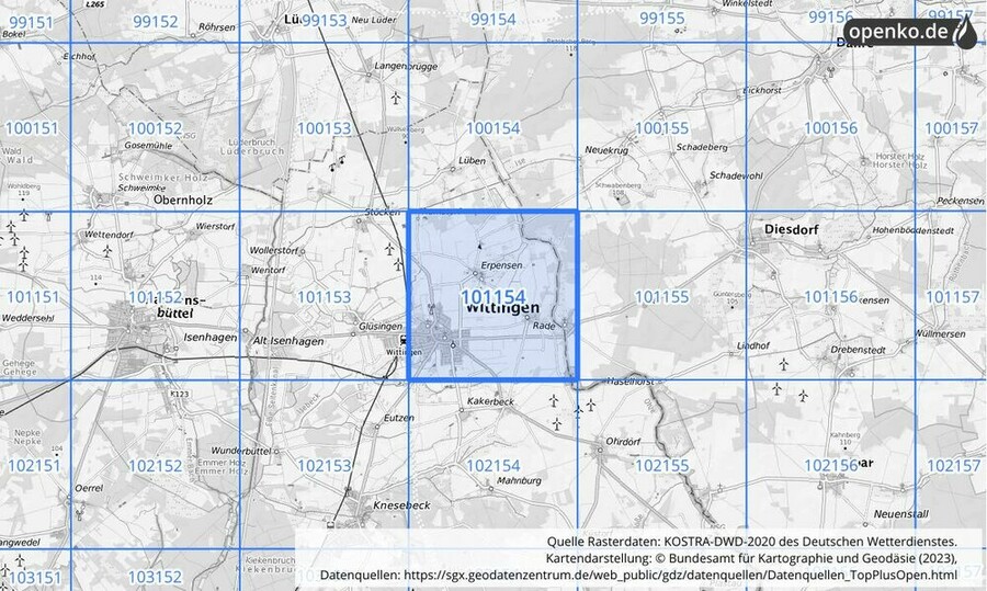 Übersichtskarte des KOSTRA-DWD-2020-Rasterfeldes Nr. 101154