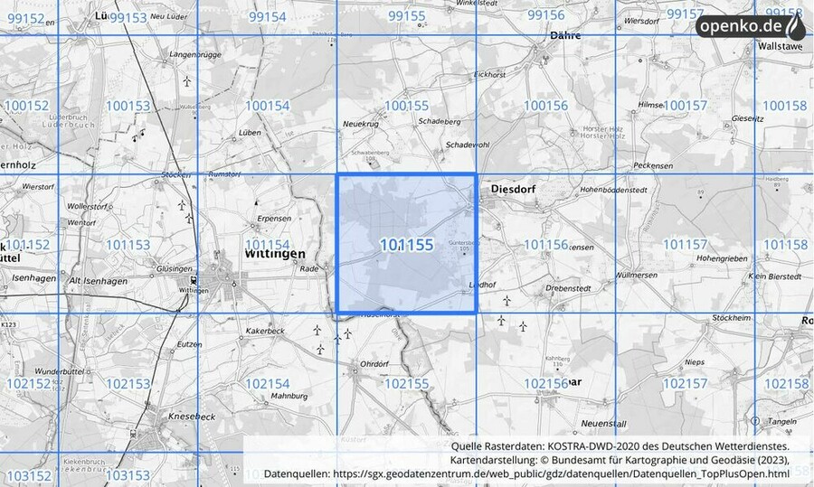 Übersichtskarte des KOSTRA-DWD-2020-Rasterfeldes Nr. 101155