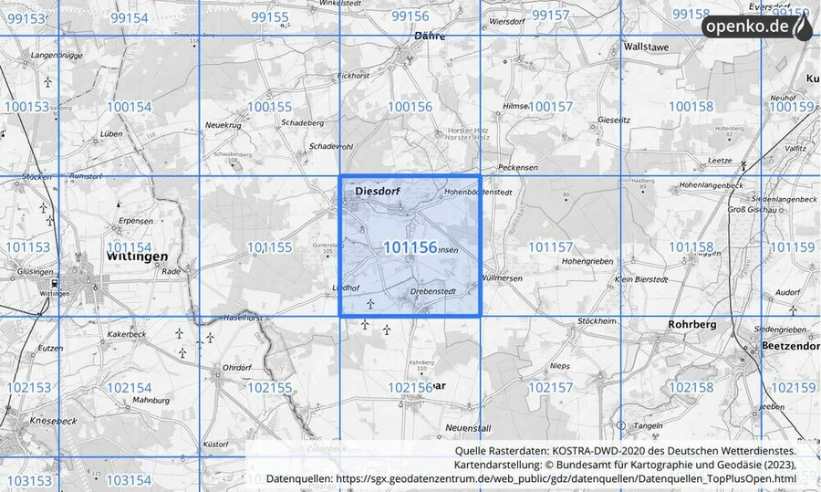 Übersichtskarte des KOSTRA-DWD-2020-Rasterfeldes Nr. 101156