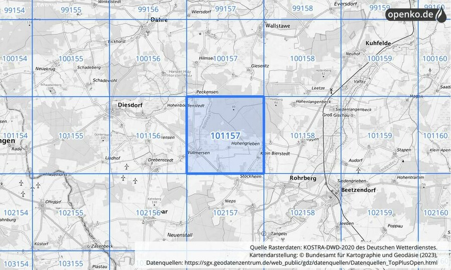 Übersichtskarte des KOSTRA-DWD-2020-Rasterfeldes Nr. 101157