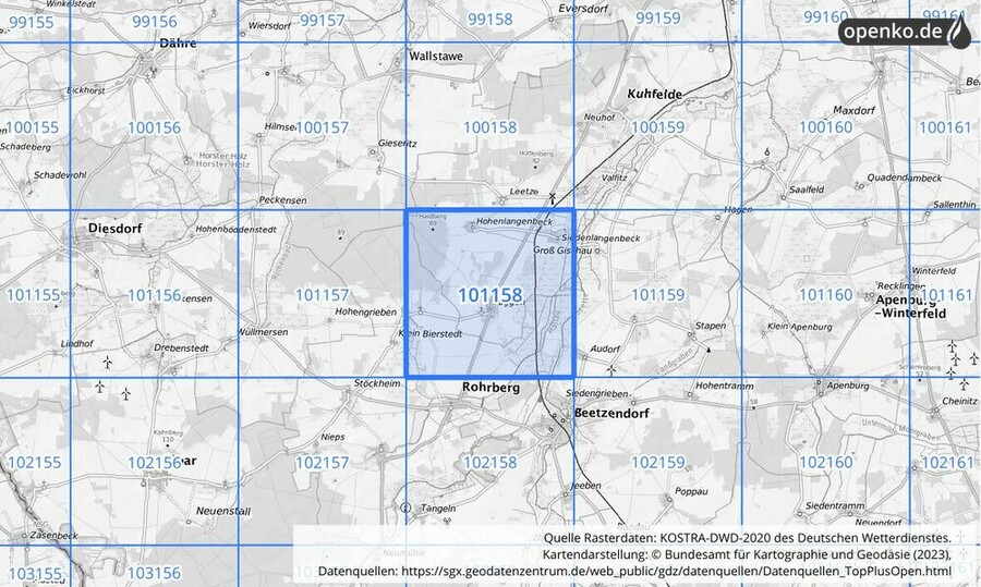 Übersichtskarte des KOSTRA-DWD-2020-Rasterfeldes Nr. 101158