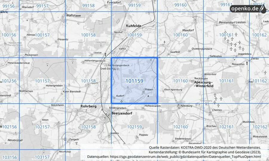 Übersichtskarte des KOSTRA-DWD-2020-Rasterfeldes Nr. 101159