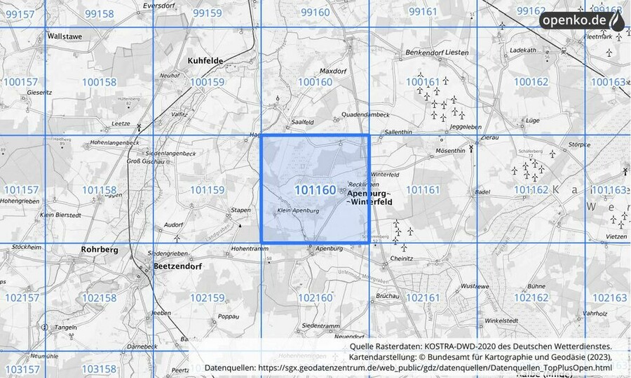 Übersichtskarte des KOSTRA-DWD-2020-Rasterfeldes Nr. 101160