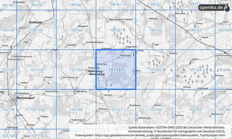 Übersichtskarte des KOSTRA-DWD-2020-Rasterfeldes Nr. 101161