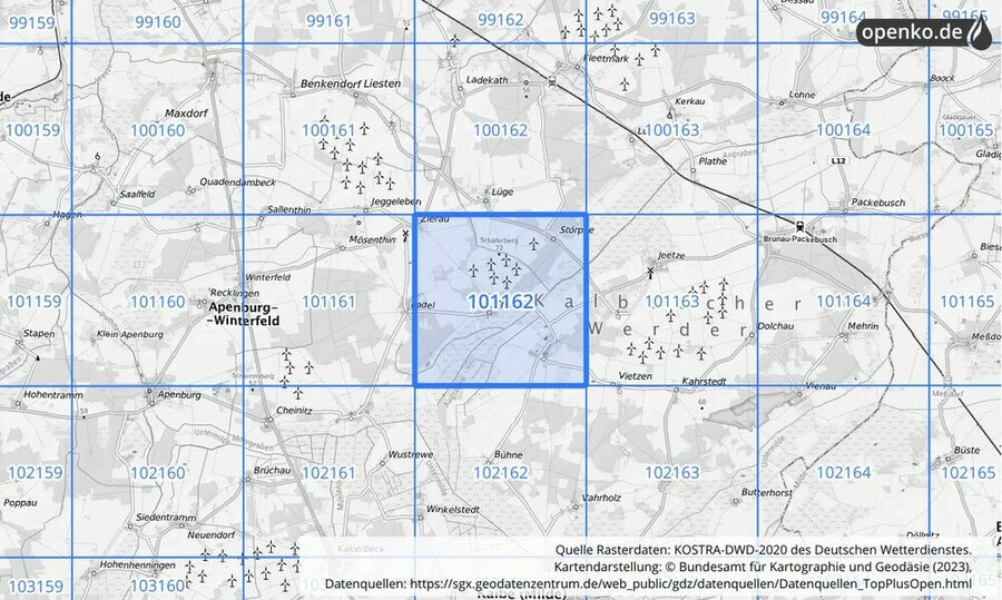 Übersichtskarte des KOSTRA-DWD-2020-Rasterfeldes Nr. 101162