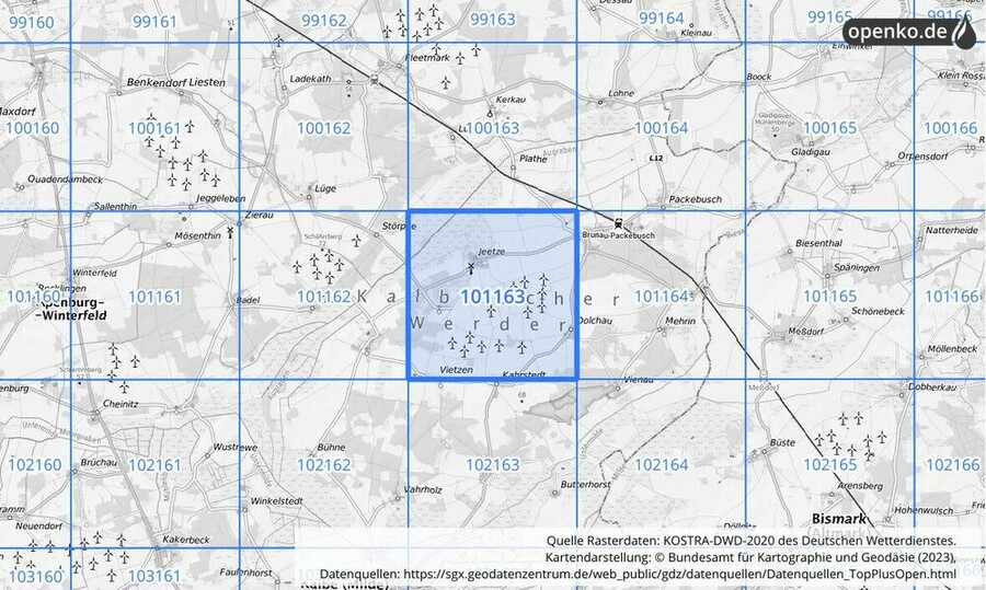 Übersichtskarte des KOSTRA-DWD-2020-Rasterfeldes Nr. 101163