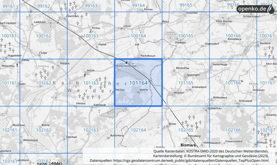 Übersichtskarte des KOSTRA-DWD-2020-Rasterfeldes Nr. 101164