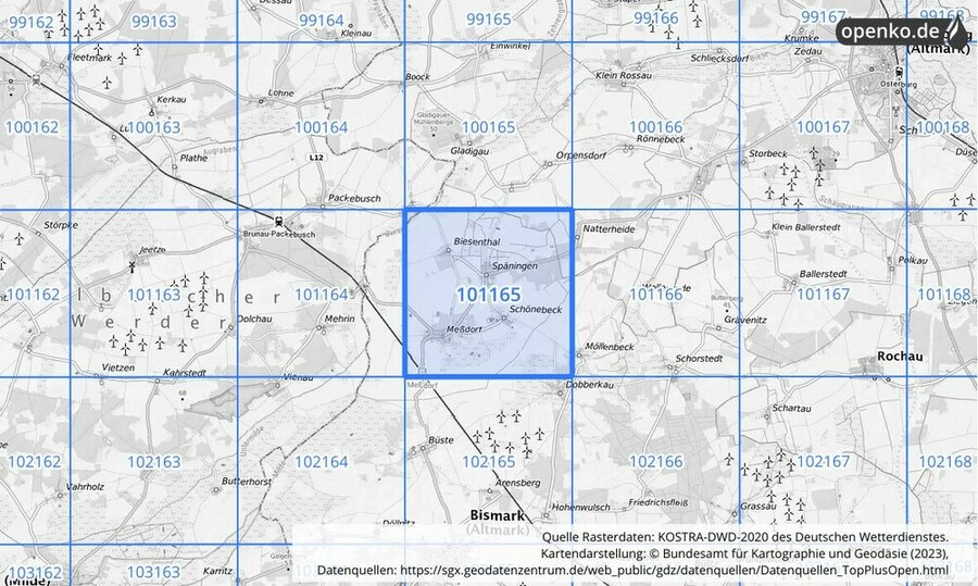 Übersichtskarte des KOSTRA-DWD-2020-Rasterfeldes Nr. 101165