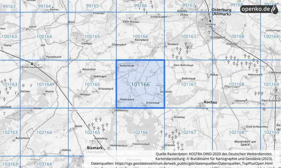 Übersichtskarte des KOSTRA-DWD-2020-Rasterfeldes Nr. 101166