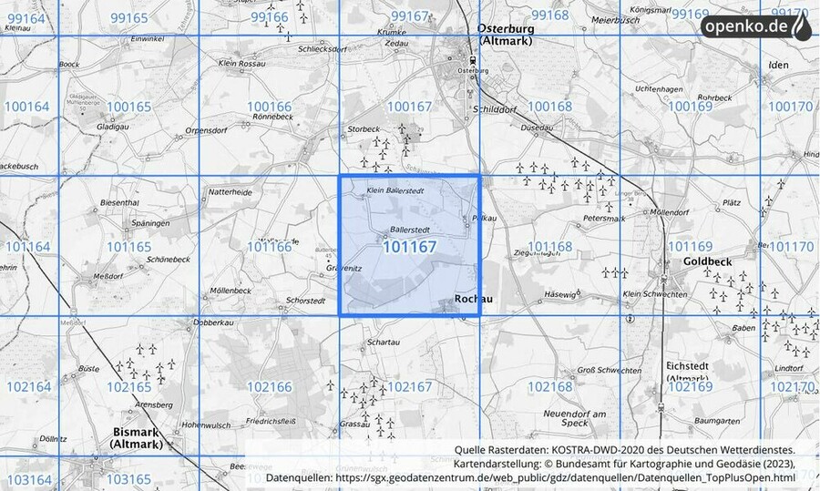 Übersichtskarte des KOSTRA-DWD-2020-Rasterfeldes Nr. 101167