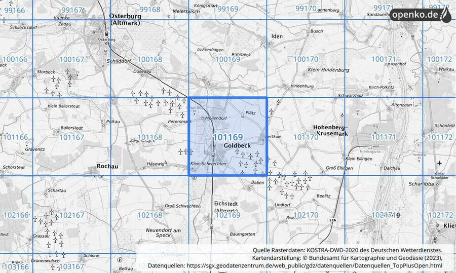 Übersichtskarte des KOSTRA-DWD-2020-Rasterfeldes Nr. 101169