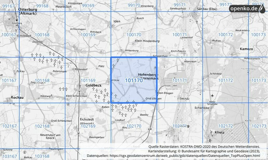 Übersichtskarte des KOSTRA-DWD-2020-Rasterfeldes Nr. 101170