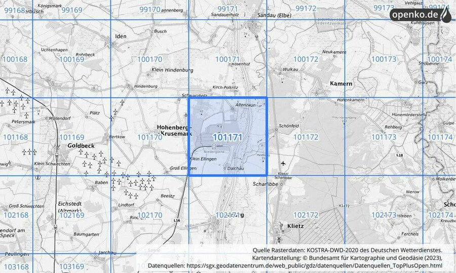 Übersichtskarte des KOSTRA-DWD-2020-Rasterfeldes Nr. 101171