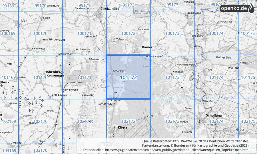 Übersichtskarte des KOSTRA-DWD-2020-Rasterfeldes Nr. 101172