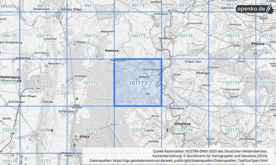 Übersichtskarte des KOSTRA-DWD-2020-Rasterfeldes Nr. 101173