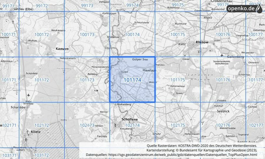 Übersichtskarte des KOSTRA-DWD-2020-Rasterfeldes Nr. 101174