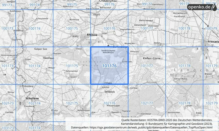 Übersichtskarte des KOSTRA-DWD-2020-Rasterfeldes Nr. 101176