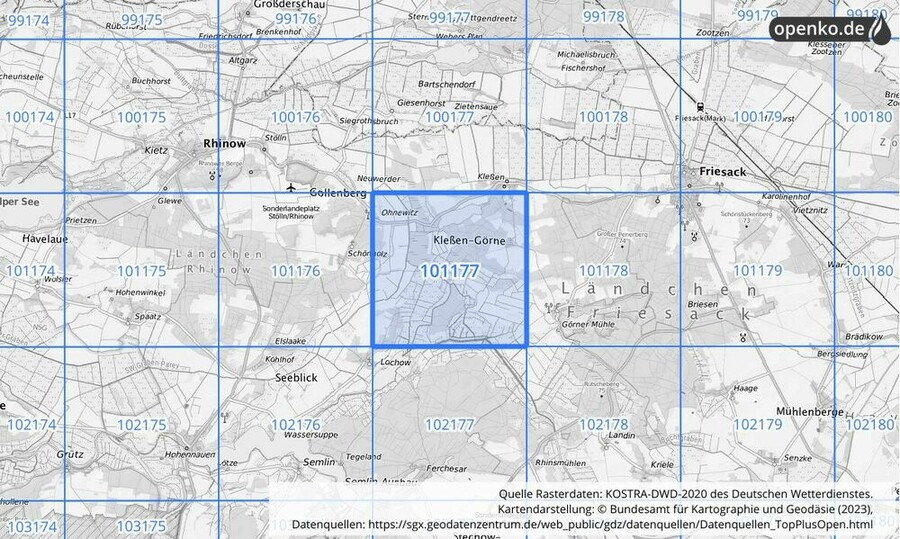 Übersichtskarte des KOSTRA-DWD-2020-Rasterfeldes Nr. 101177