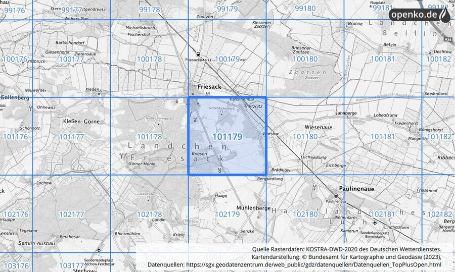 Übersichtskarte des KOSTRA-DWD-2020-Rasterfeldes Nr. 101179