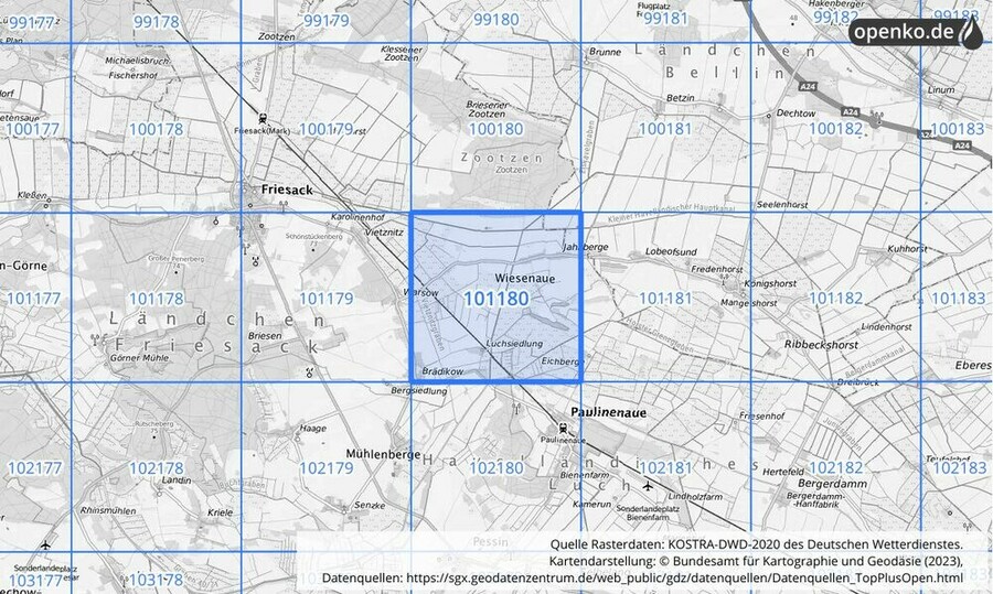 Übersichtskarte des KOSTRA-DWD-2020-Rasterfeldes Nr. 101180