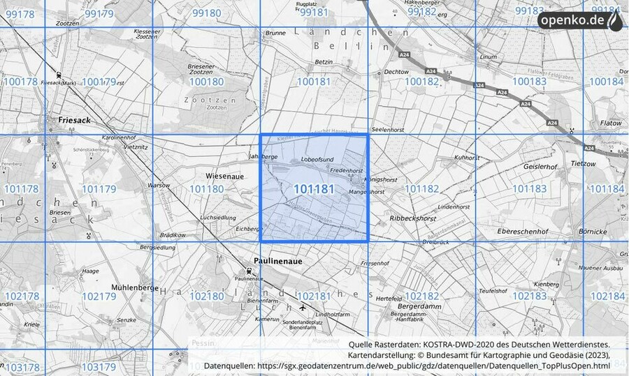 Übersichtskarte des KOSTRA-DWD-2020-Rasterfeldes Nr. 101181