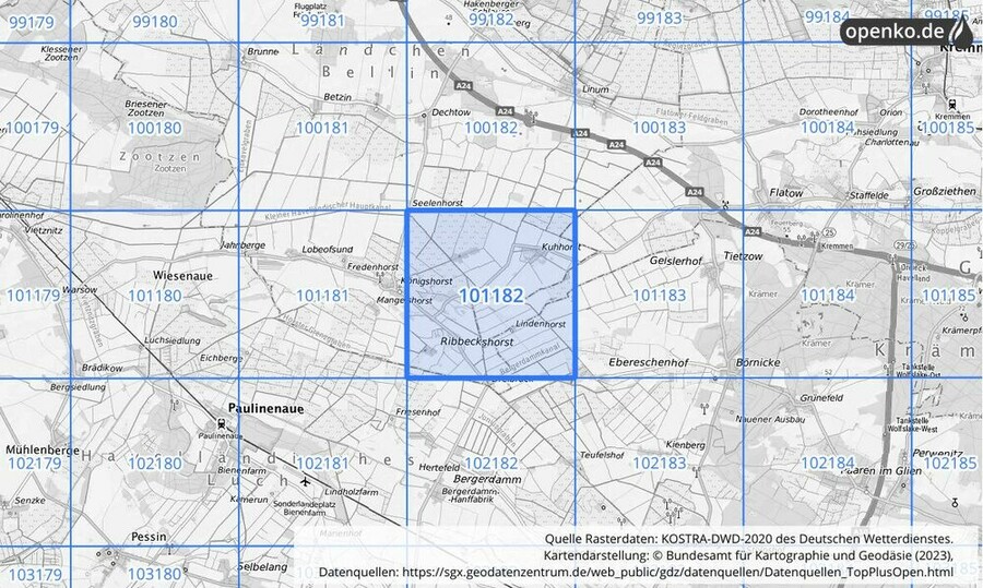 Übersichtskarte des KOSTRA-DWD-2020-Rasterfeldes Nr. 101182