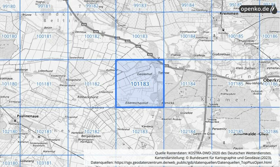 Übersichtskarte des KOSTRA-DWD-2020-Rasterfeldes Nr. 101183