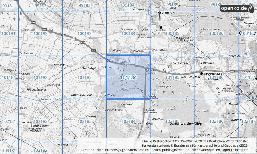 Übersichtskarte des KOSTRA-DWD-2020-Rasterfeldes Nr. 101184