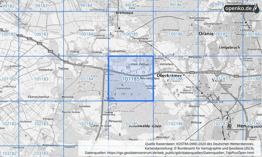 Übersichtskarte des KOSTRA-DWD-2020-Rasterfeldes Nr. 101185