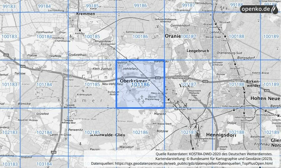Übersichtskarte des KOSTRA-DWD-2020-Rasterfeldes Nr. 101186