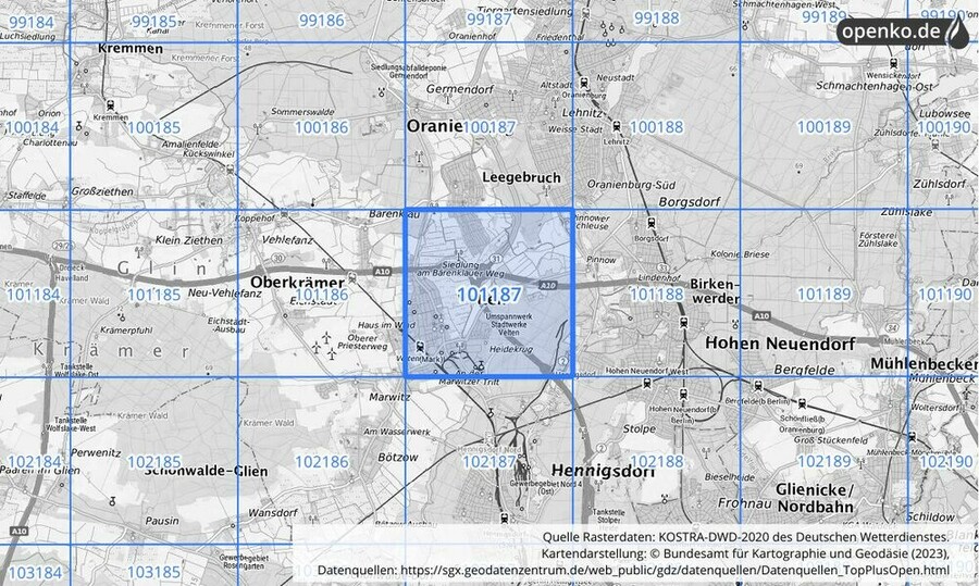 Übersichtskarte des KOSTRA-DWD-2020-Rasterfeldes Nr. 101187