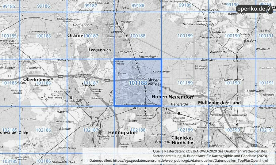 Übersichtskarte des KOSTRA-DWD-2020-Rasterfeldes Nr. 101188